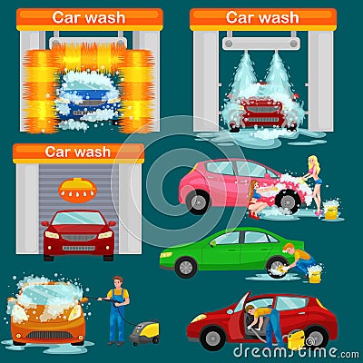 Car wash services, auto cleaning with water and soap Vector Illustration