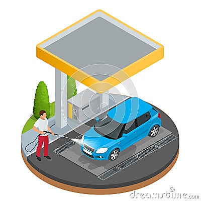 Car wash specialist in uniform washing sedan car under the roof. Spraying water from the hose. Flat 3d vector isometric Vector Illustration