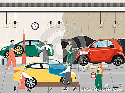 Car wash, tires, repairs, auto mechanic and maintenance service, flat vector illustration. Automobile workshop. Vector Illustration