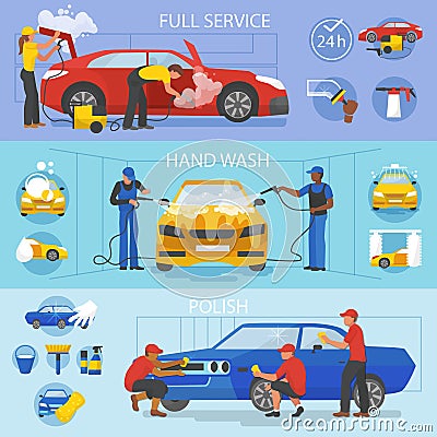 Car wash vector car-washing service with people cleaning auto or vehicle illustration set of car-wash and characters Vector Illustration