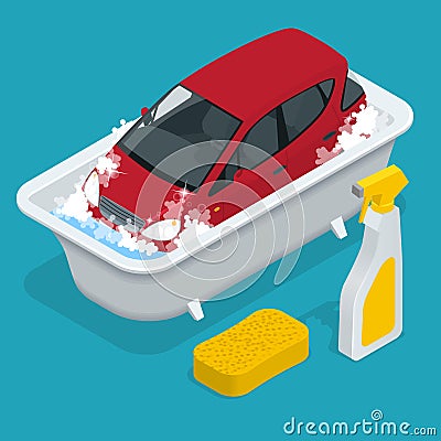 Car Washing. car wash service. Car with Car wash Sign. Flat 3d isometric vector illustration. Vector Illustration