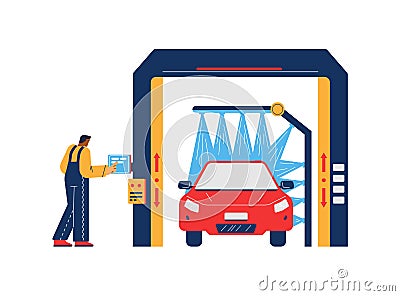 Car washing equipment with service man, flat vector illustration isolated. Vector Illustration