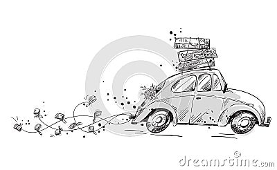 Car with wedding decorations and packed with suitcases going on a honeymoon, vector illustration Vector Illustration