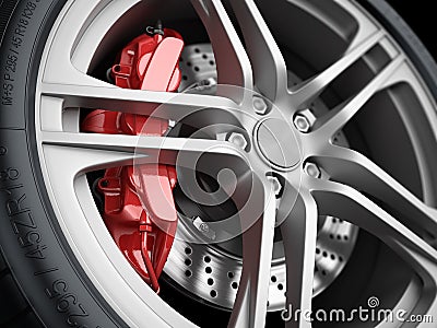 Car wheel and brake system. Closeup. Stock Photo