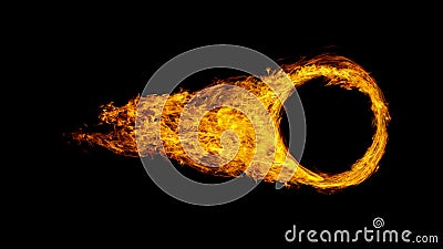 car wheel or circle enveloped in flames isolated on black background. Stock Photo