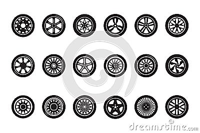 Car wheel collection. Automobile tire silhouettes racing vehicle wheels vector pictures Vector Illustration