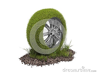 Car wheel covered with green grass isolated on a white background. Creative conceptual illustration of environmentally friendly Cartoon Illustration