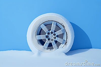 A car wheel covered in snow and ice studio shot against blue, Winter driving and travel Stock Photo