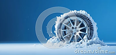 A car wheel covered in snow and ice studio shot against blue, Winter driving and travel Stock Photo