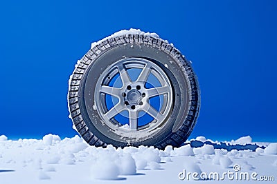 A car wheel covered in snow and ice studio shot against blue, Winter driving and travel Stock Photo