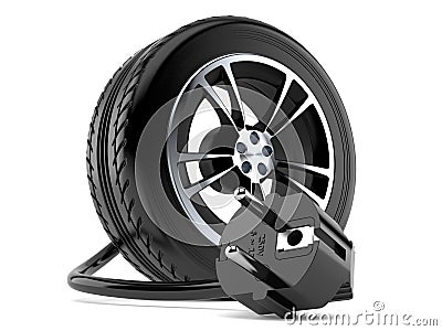 Car wheel with electric plug Cartoon Illustration