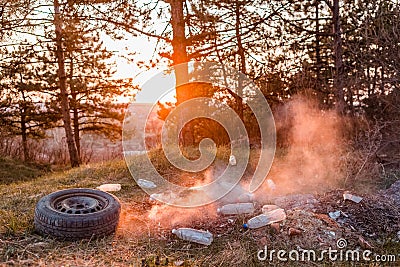 A car wheel next to a heap of burning junk in the forest Editorial Stock Photo