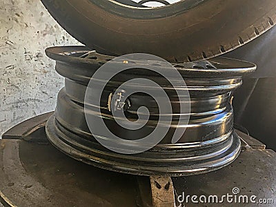 Car wheel pressure sensor close-up. Stock Photo