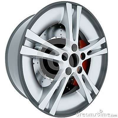 Car Wheel On White Background. Aluminum Metal Wheel Rim. 3D Rendering Stock Photo