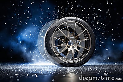 Car wheel with winter tires on dark background during snowy weather. Seasonal wheel changes. Car service. Stock Photo