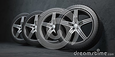 Car wheels. Four new black tyres with alloy discs in garage Cartoon Illustration