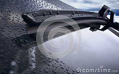 Car windshield with rain drops and frameless wiper blade closeup Stock Photo