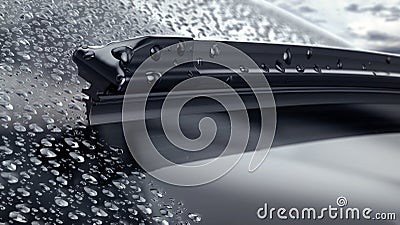 Car windshield with rain drops and frameless wiper blade closeup Stock Photo