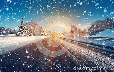 Car on winter road Stock Photo