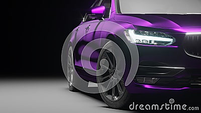Car wrapped in violet matte chrome film. 3d rendering Cartoon Illustration