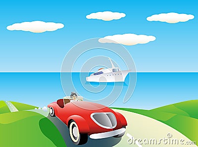 Car and yacht background. Vector Illustration