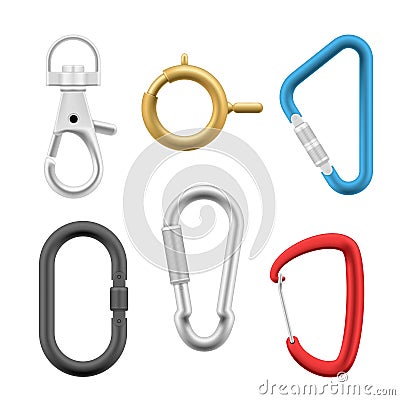 Carabiner clasps various round oval triangle design realistic set. Bracelet pendant necklace locks Cartoon Illustration