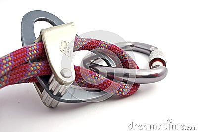 Carabiner, rope and belay devices Stock Photo