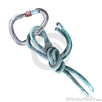 Climbing rope with carabiner fastener. Watercolor Bouldering illustration isolated white background Cartoon Illustration