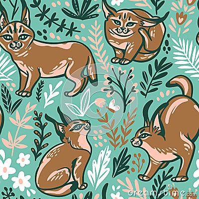 Caracal Kitten seamless pattern in the floral background Vector Illustration