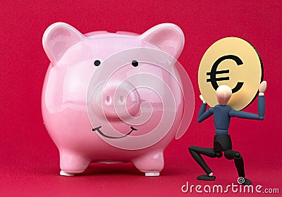 A caractere holding a euro golden coin in his hands in victory motion right next to a piggy bank Cartoon Illustration