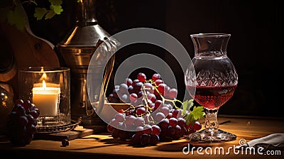 Carafe of red wine and ripe grapes on table in vineyard. Generative AI Stock Photo