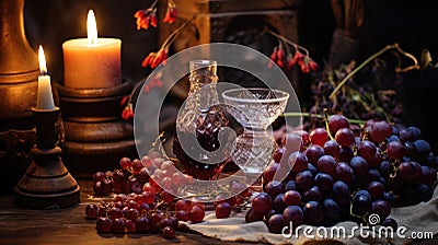 Carafe of red wine and ripe grapes on table in vineyard. Generative AI Stock Photo