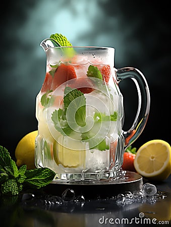 Carafe of summer drink with strawberries, lemons, and mint. Refreshing white sangria with ice and summer fruits. Generative AI Stock Photo