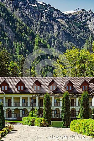 Caraiman Monastery at the Foot of Mountains Stock Photo