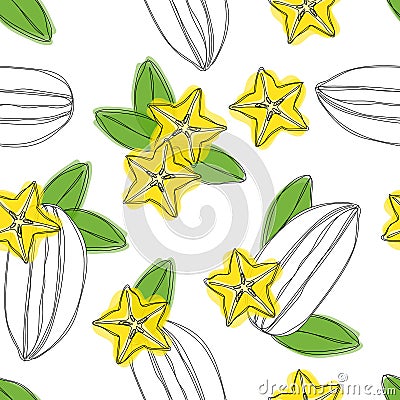 Carambola fruit sliced seamless pattern. Stylized colorful star fruit. Vector hand draw illustration. Vector Illustration