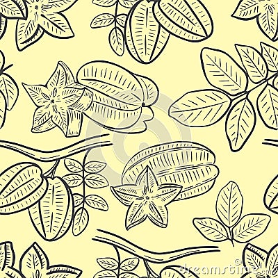 Carambola hand engraved seamless pattern. Vector Illustration