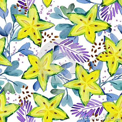 carambola seamless pattern. Hand drawn fresh tropical plant waterecolor illustration. Cartoon Illustration