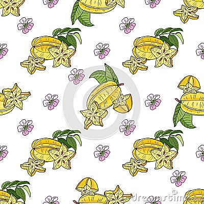 Carambola or Starfruit.Seamless pattern with yellow tropical fruits,pieces and pink flowers on white background Vector Illustration