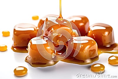 Caramel Candies With Sauce On White Background, Closeup. Generative AI Stock Photo