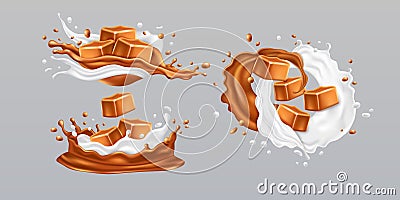 Caramel candy, toffee in milk splash. Yogurt swirl and drips, realistic butter wave twirl, Swirl confectionery melting Vector Illustration