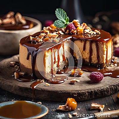 caramel cheesecake with berries and nuts. generative AI Stock Photo
