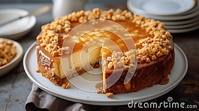 Caramel cheesecake with crumble topping on a plate Stock Photo