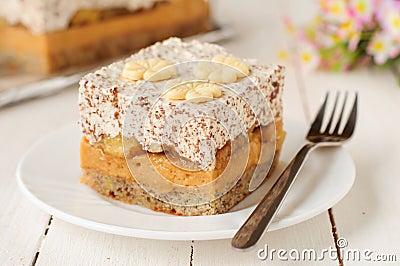 Caramel Custard, Banana and Chocolate Whipped Cream Layer Cake Stock Photo