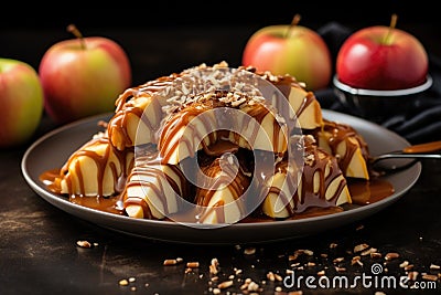 caramel dipped apple slices on a plate Stock Photo