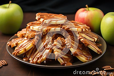 caramel dipped apple slices on a plate Stock Photo