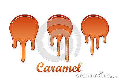 Caramel drop 3D set. Realistic caramel, melted sauce. Flow liquid isolated on white background. Orange splash toffee Vector Illustration