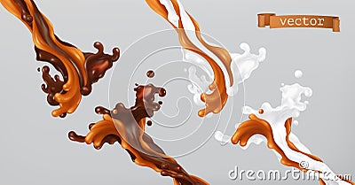 Caramel milk and chocolate. Splash 3d vector Vector Illustration