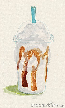 Caramel milk in plastic cup. Watercolor illustration Cartoon Illustration