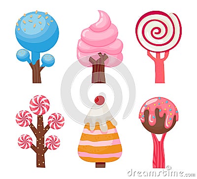 Caramel trees collection, sweet plant made from sugar Vector Illustration