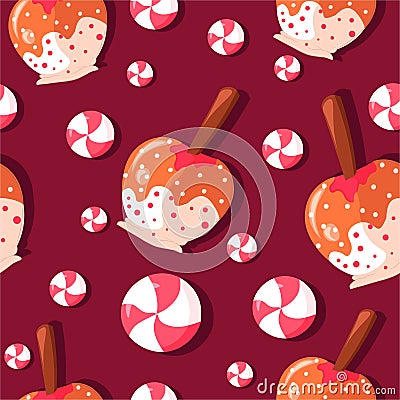 Caramelized apples on a stick with fudge, frosting and sprinkles seamless pattern. Lollipops and caramel cane illustration Vector Illustration